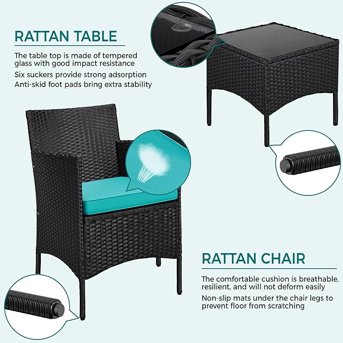 Yaheetech 3 Pieces Patio Porch Furniture Set, Outdoor PE Rattan Wicker Conversation Set with Soft Cushions, Glass Coffee Table & 2 Chairs for Garden/Deck/Courtyard/Poolside, Black/Cyan