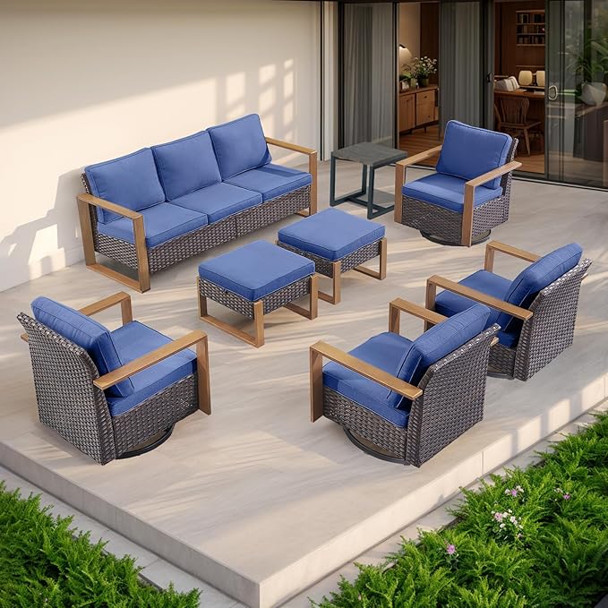 Rilyson Outdoor Wicker Patio Furniture Set - 5 Piece Patio Conversation Set with 2 Wicker Swivel Rocker Chairs,2 Ottoman, 1 Side Table, Thick Cushions, Deep Seating, Wide Armrest(Brown/Blue)