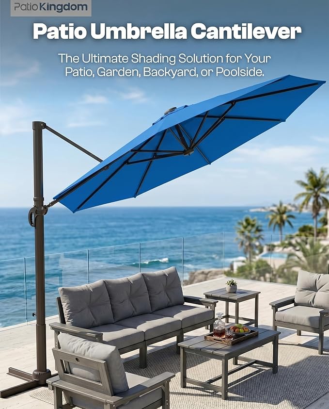 11 FT Round Cantilever Umbrella,Easy Tilt, Fade Resistant & 360° Rotation, Offset for Pool Deck Backyard Patioroyal blue (Base not Included)