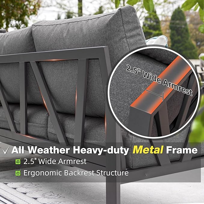 Outdoor Patio Furniture Set, 4 Pieces Metal Patio Furniture Set with Coffee Table, Modern Outdoor Patio Conversation Seating Set, Grey