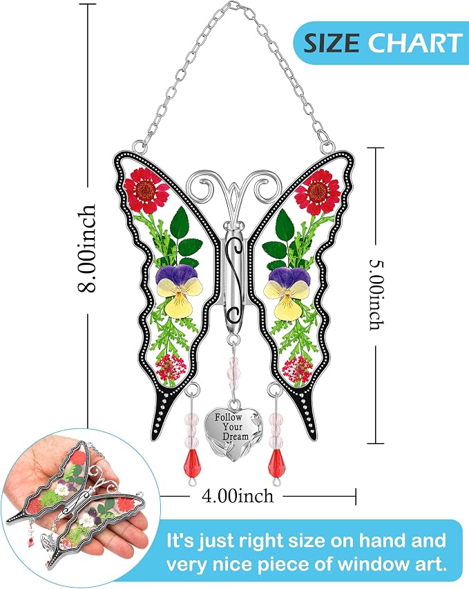 KY&BOSAM Butterfly Suncatcher for Windows Hangings Follow Your Dream Stained Glass Wind Chimes with Pressed Flower Heart Charm Birthday Gifts for Women Mother's Day Valentine's Christmas Home Decor
