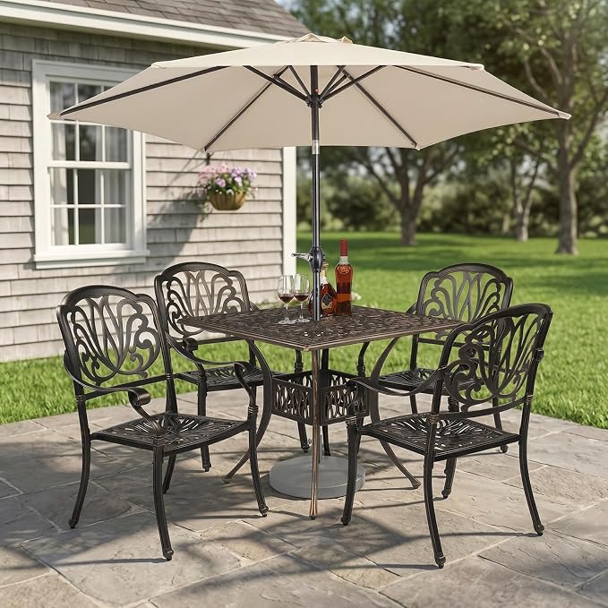 VINGLI 5-Piece Cast Aluminum Outdoor Patio Dining Set with 9ft Umbrella, Space-Saving Stackable Chairs & Table for Yard, Garden, Porch, Poolside, Square Table