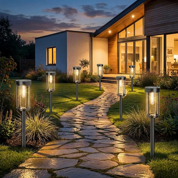 Sparkblaze 2 Pack Solar Pathway Lights Outdoor, Modern Classic Solar Garden Lights, Auto On/Off Landscape Lighting for Yard, Lawn, Patio, Walkway, Waterproof Solar Stake Lights. (2, Warm White)
