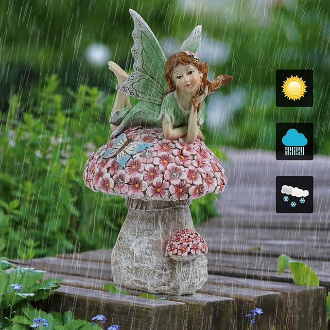 Suyorpe Fairy Outdoor Statue Solar Powered Resin Ornaments, Patio Lawn Yard Porch, Fairy Figurines for Home Garden Gifts, 8.66 Inches Tall