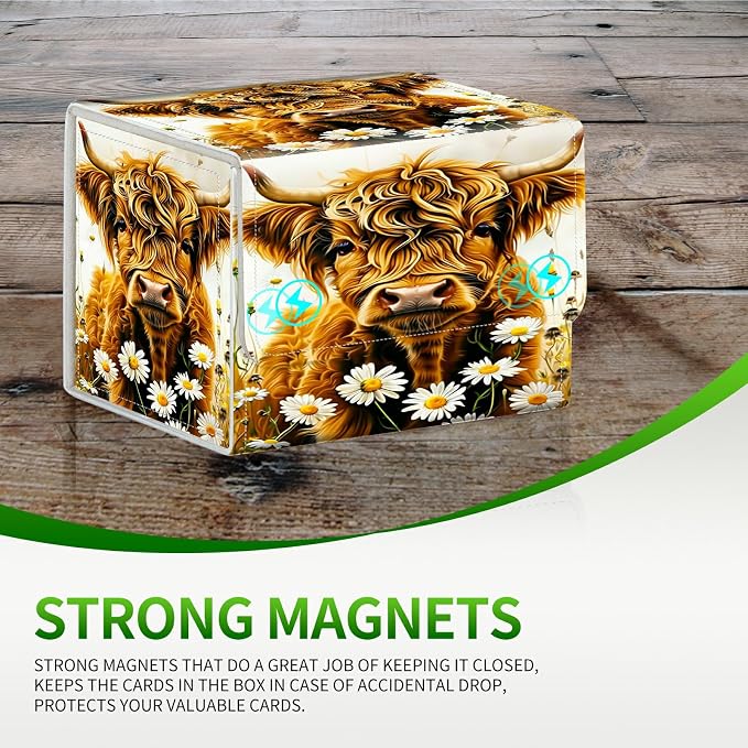 Card Deck Box for MTG, Cards Storage Box Fits 120+ Sleeved, Leather Small Size Strong Magnetic Closing Card Case for Board Games Magic TCG CCG Baseball Collection, Flower Yellow Cow