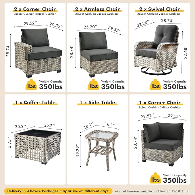 9 Pcs Outdoor Sectional Patio Furniture Set with Swivel Rocking Chair - All Weather Wicker Modular L Shaped Outside Sectional Couch,Patio Seating Outdoor Conversation Sets for Deck Yard,Black