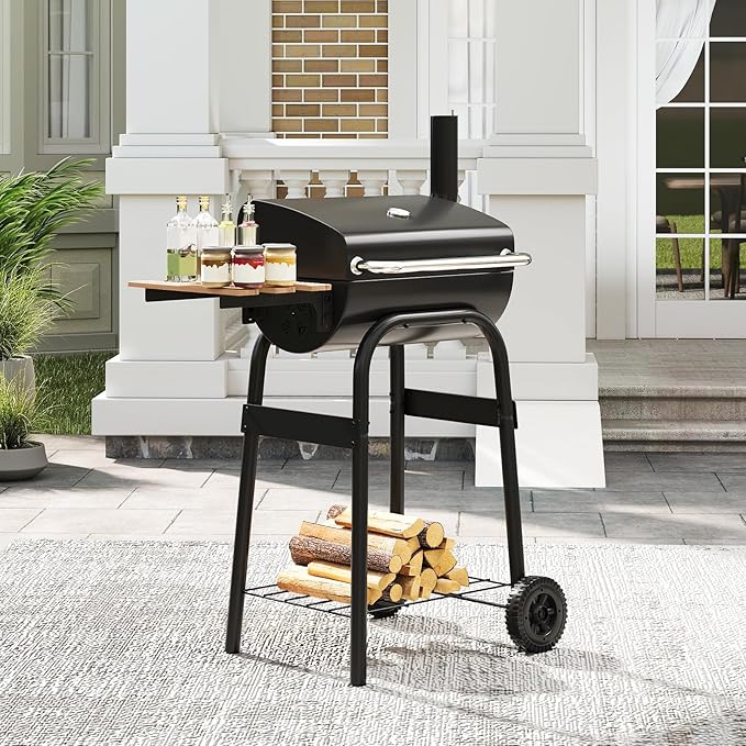 Happygrill Barrel Charcoal Grill, Outdoor BBQ Smoker Grill w/Foldable Side Table, Built-in Thermometer, Storage Shelf, Adjustable Air Vent, Portable Barbecue Grills w/Wheels for Camping & Picnic