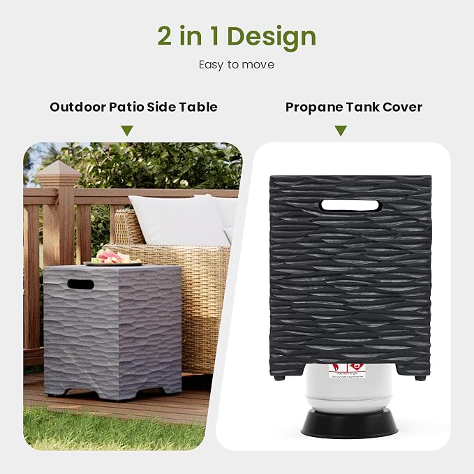 COSIEST Outdoor Propane Tank Cover Table with Wave Design, 16 inch Outside Hideaway Tank Table, Hides Standard 20lb Tank, Black