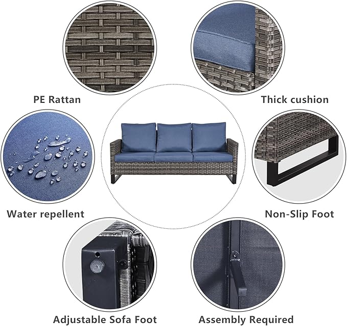Belord 6 Piece Outdoor Furniture Patio Wicker Sofa Set, Oversize Outdoor Dining Chairs with Rattan Ottomans, Conversation Sets Patio Furniture Come with Removable Washable Cushion Blue