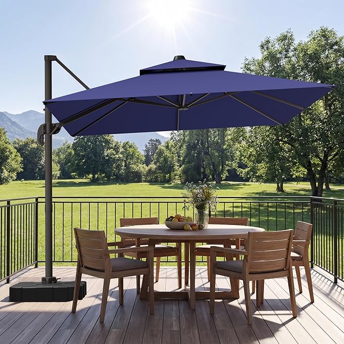 GENTEACO 10X10 FT Cantilever Umbrella with Base Included, Large Offset Patio Umbrella with Double Top, 6 Angle Tilts & 360° Rotation, Large Square Sun Umbrellas for Outdoor Pool Market, Navy Blue