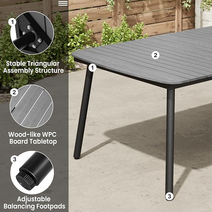 Outdoor Dining Table for 10 Grey 93" Patio Table with Umbrella Hole Rectangle Table with Aluminum Frame and Waterproof Wood-Like Tabletop for Lawn Backyard Garden Poolside