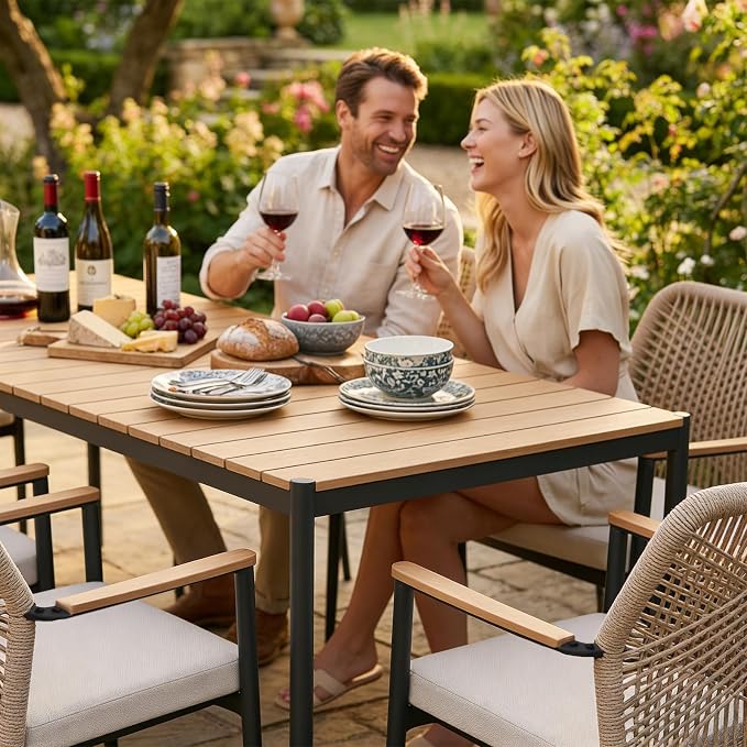 SUNSITT 9 Piece Outdoor Patio Dining Set, Patio Dining Furniture Set with 82.6” Metal Dining Table w/WPC Tabletop and 6 Woven Rope Patio Chairs w/WPC Armrests for Garden, Beige