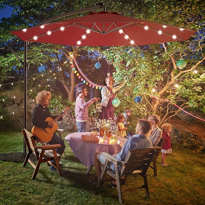 Tangkula 10FT Outdoor Patio Umbrella Solar LED Lighted Sun Shade Market Umbrella with Hanging Cover and Cross Base (Burgundy)