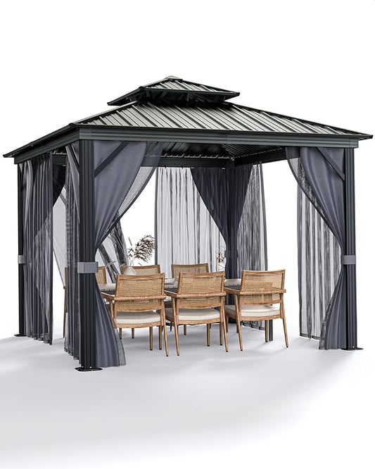 10'X10' 'Aluminum Double Layer Iron Roof Gazebo - Durable, Weather Resistant, Spacious, Easy Assembly, Stylish Design