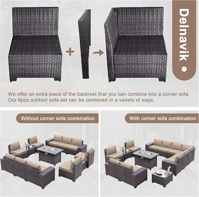 Patio Furniture Sectional Sofa Set 13PCS PE Rattan Patio Conversation Set w/43in Gas Fire Pit Table, Outdoor Furniture with 55000 BTU Propane Fire Pit, Sand