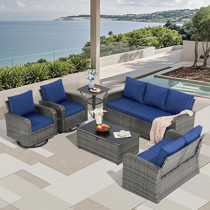 6 Pieces Patio Furniture Sets with Swivel Chairs, Patio Outdoor Furniture Set for Porch Deck Bistro Lawn Garden Backyard Poolsid- Grey Rattan/Blue