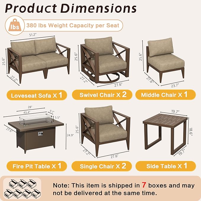 Aluminum Patio Furniture Set with Oversized Fire Pit Table, 9-Piece All-Weather Outdoor Conversation Set with Swivel Rocking Chairs, Oversized Modern Sofa for Backyard, Deck, Balcony-Brown