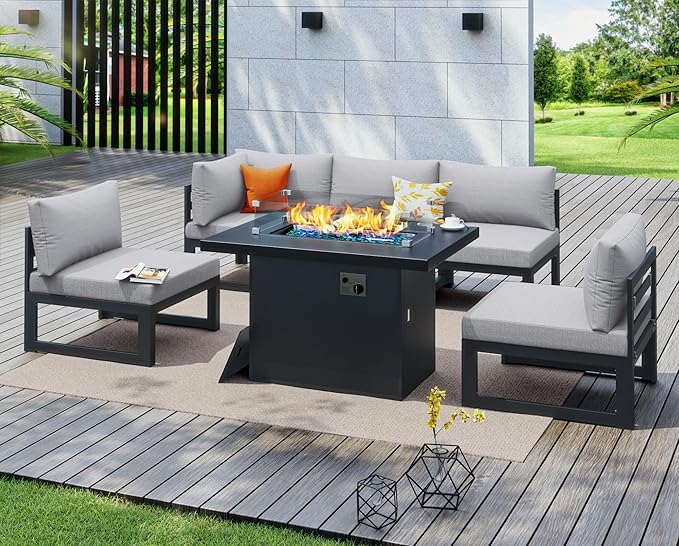 NICESOUL® 6 Piece Extra Large Grey Aluminum Frame Outdoor Patio Furniture Set with Fire Pit Table, 29'' Deep Wide Seating Sofa Conversation, L Shape Modular Sectional Couches for Backyard, Light Grey