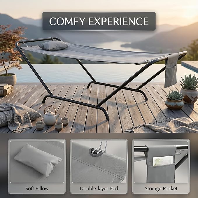 Freestanding Hammock with Stand, 600lbs Capacity Heavy Duty Outdoor Hammock Bed with Detachable Soft Pillow and Side Storage Pocket, Portable Gray Hammock for Patio Garden (Gray)