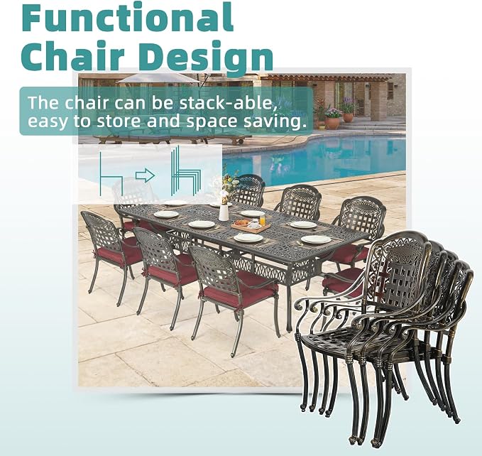 MEETWARM 9-Piece Outdoor Patio Dining Set for 8, All Weather Cast Aluminum Patio Funiture Table and Chairs Set- 94.5” Rectangular Table and 8 Cushioned Chairs for Garden, 2" Umbrella Hole, Chili Red