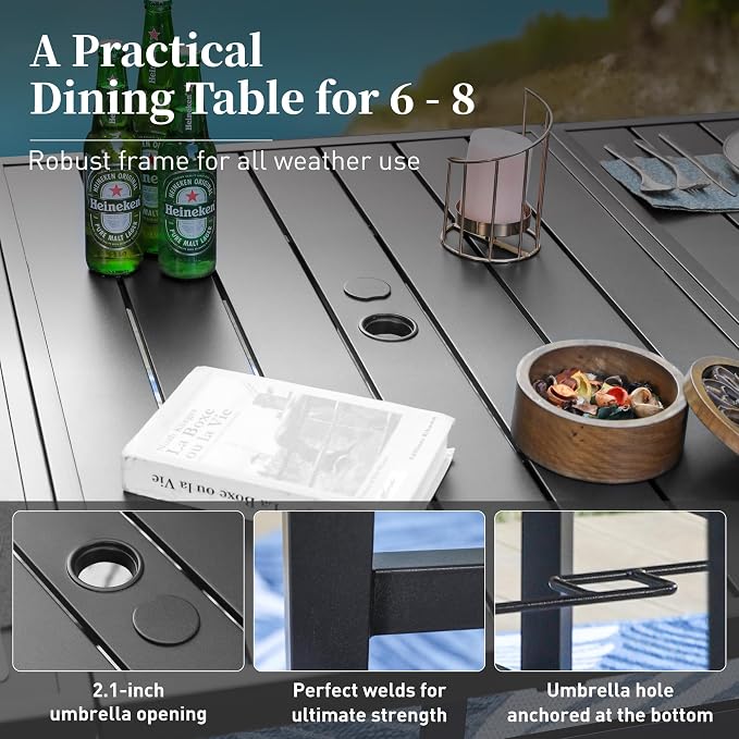 SUNSHINE VALLEY Patio Table and Chairs Set of 8, All-Weather Breathable Textilene Patio Chair with Gourd-Shaped Armrests, 83x39 Rectangle Table with Umbrella Hole, 9 Pcs Metal Frame Patio Dining Set
