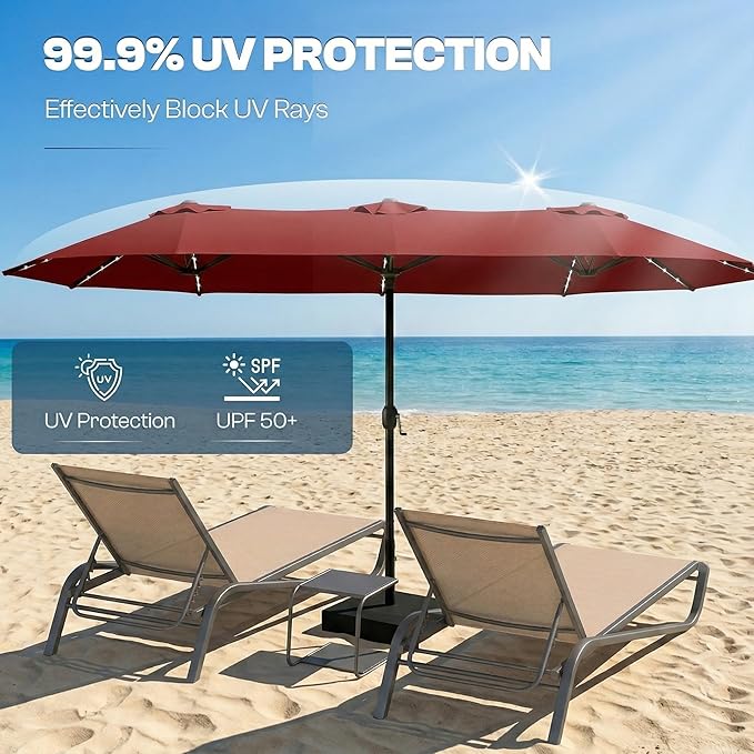 15FT Large Outdoor Patio Umbrella with Solar Lights and Base, Double-Sided Table Umbrellas with 48 LED Lights, Rectangle Market Umbrella for Pool, Deck, Backyard