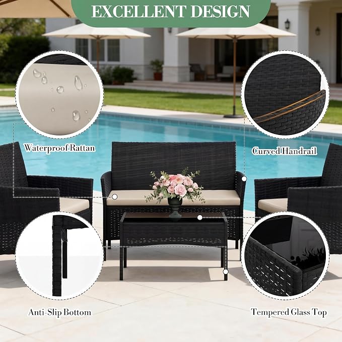 4 Piece Patio Furniture Set, Outdoor Deck Rattan Chair Wicker Combo Furniture, All Weather Dialogue Rattan Sofa with Upholstery and Glass Table for Garden, Backyard, Porch, Lawn, Pool, Black+White