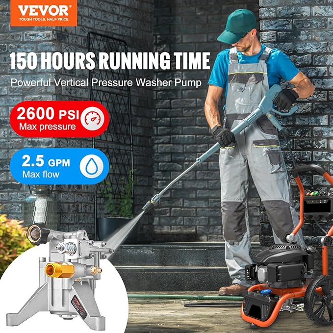 VEVOR Pressure Washer Pump, 7/8" Shaft Vertical, 2600 PSI, 2.5 GPM, Replacement Power Washer Pumps Kit, Parts Washer Pump, Compatible with Honda, Simpson, RYOBI, Briggs & Stratton, Subaru, Craftsman