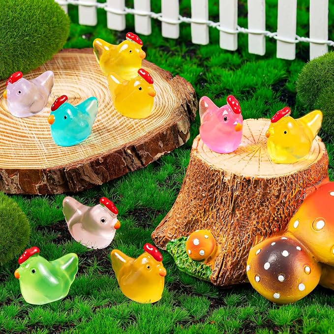90PCS Luminous Mini Resin Chicken Tiny Chickens Bulk for Dollhouse | Miniature Chickens Animals Figurines Glow in The Dark, Micro Landscape DIY, Home Outdoor Party Decor