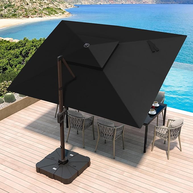 JZAC & QZYD 10X13 FT Outdoor Cantilever Patio Umbrella with LED Lights, Large Heavy Duty 2-Tier Aluminum Offset Umbrellas with 360-Degree Rotation for Pool Deck, Black