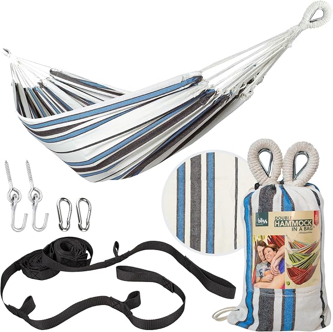 Bliss Hammocks 60" W Double Outdoor Hammock with Hand-Woven Rope Loops & Tree Straps, Patio, Durable, Cotton/Polyester, 265 Lbs Capacity, Sunday Volleyball Stripe