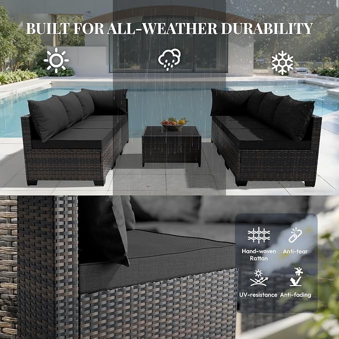 WWR Patio Furniture Set - All-Weather,Water-Resistant - 7 Piece Patio Wicker Rattan Sectional Sofa, Modular Outdoor Conversation Set for Backyard, Garden, Poolside, Balcony, Brown/Black