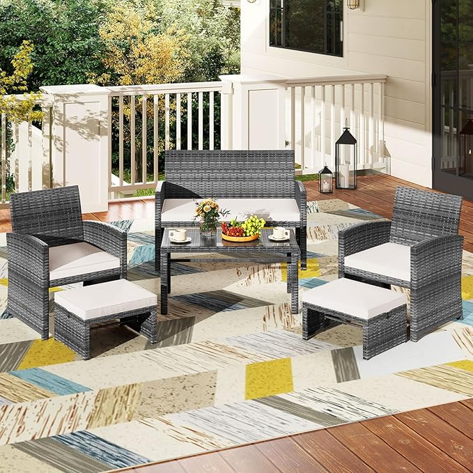 Tangkula 6 Pieces Patio Furniture Set, Outdoor Rattan Conversation Chairs Set with 1 Loveseat, 1 Coffee Table, 2 Armchairs and 2 Ottomans for Garden, Deck, Backyard and Poolside (Off White)