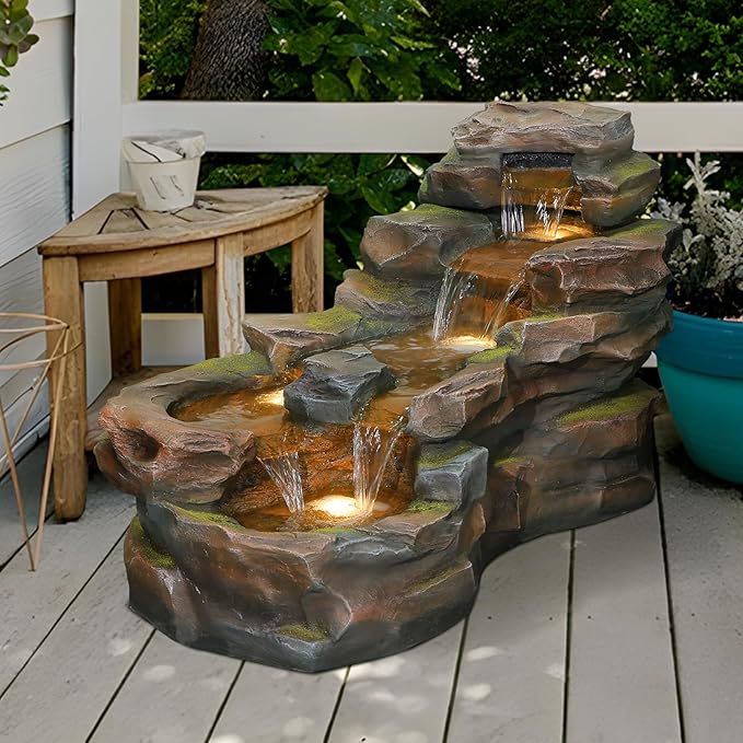 Sunlinua Water Fountain Outdoor Floor Standing 5-Tiers Rock Natural Waterfall Outdoor Garden Fountains with LED Lights for Patio, Porch, Home Art Decor