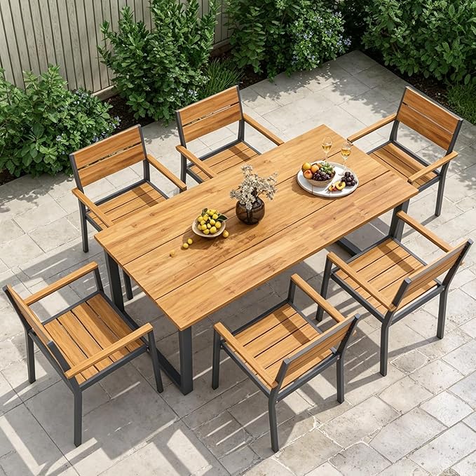 COSTWAY Outdoor Dining Set for 6, 69’’ x 32’’ Acacia Wood & Metal Patio Dining Table with 2'' Umbrella Hole, 6 Stackable Chairs, Ergonomic Armrests, 7 Pieces Dining Set for Backyard, Deck, Patio
