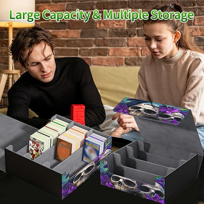 Card Deck Box for MTG, Cards Storage Box Fits 120+ Sleeved, Leather Big Size Strong Magnetic Closing Case for Board Games Magic TCG CCG Baseball Collection Women Man, Purple Flower Eagle