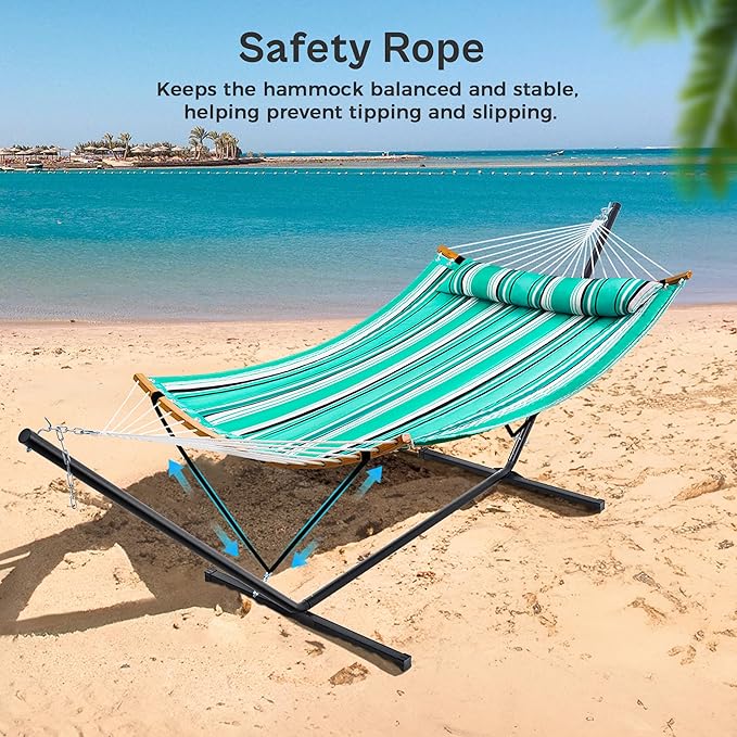 SUPERJARE Hammock with Stand, 2 Person Heavy Duty Hammock with Padded Cotton, Detachable Pillow & Strong Curved-Bar & Portable Carrying Bag, Perfect for Outdoor & Indoor, Mint Green with Stripes