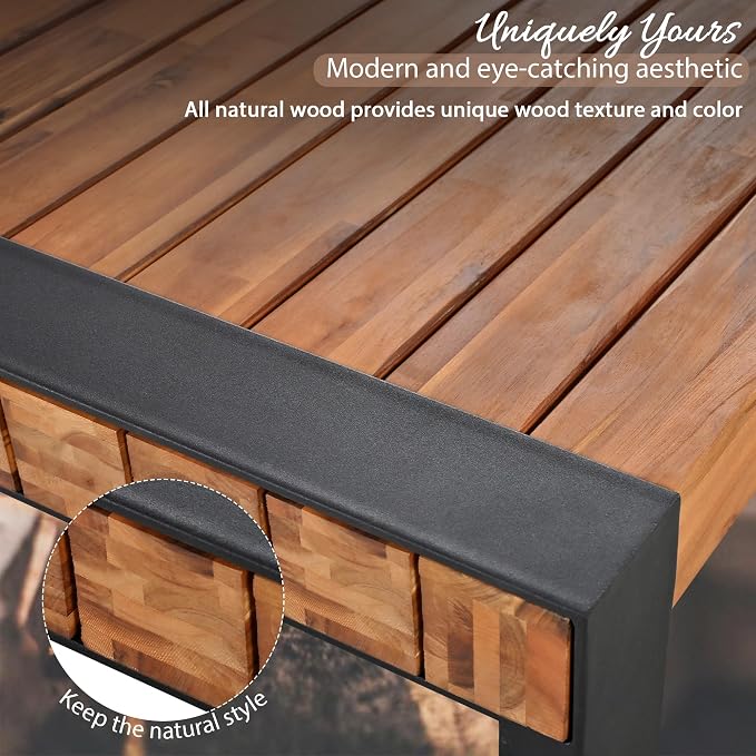 Merax 3 Pieces Acacia Wood Outdoor Dining Set, Patio Dining Table Sets with 2 Benches, Ideal for Backyard, Patio, Garden, Balcony, All Weather Resistant Use Furniture, Solid Steel Frame, Natural