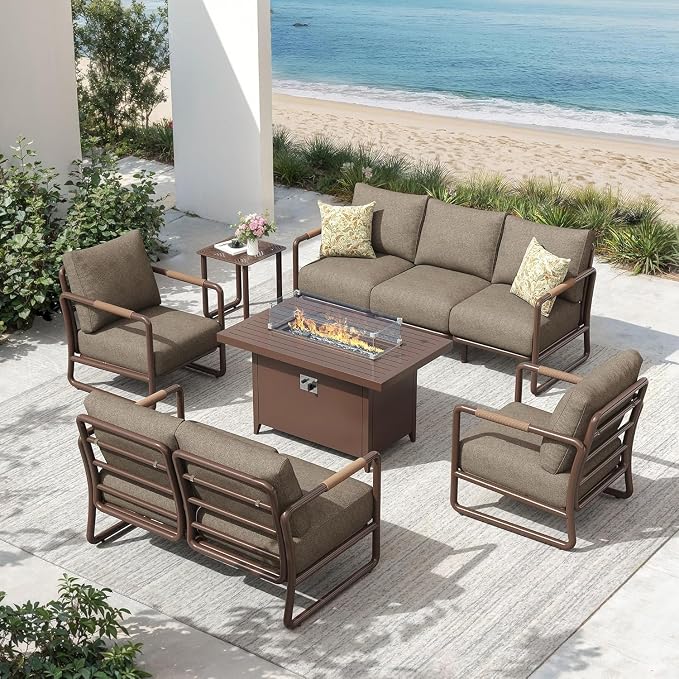 7-Seat Aluminum Patio Conversation Set, Modern Outdoor Sofa with Oversized Fire Pit Table (Glass Wind Guard), 6.5" Thick Cushions, All-Weather for Balcony, Garden (Brown)