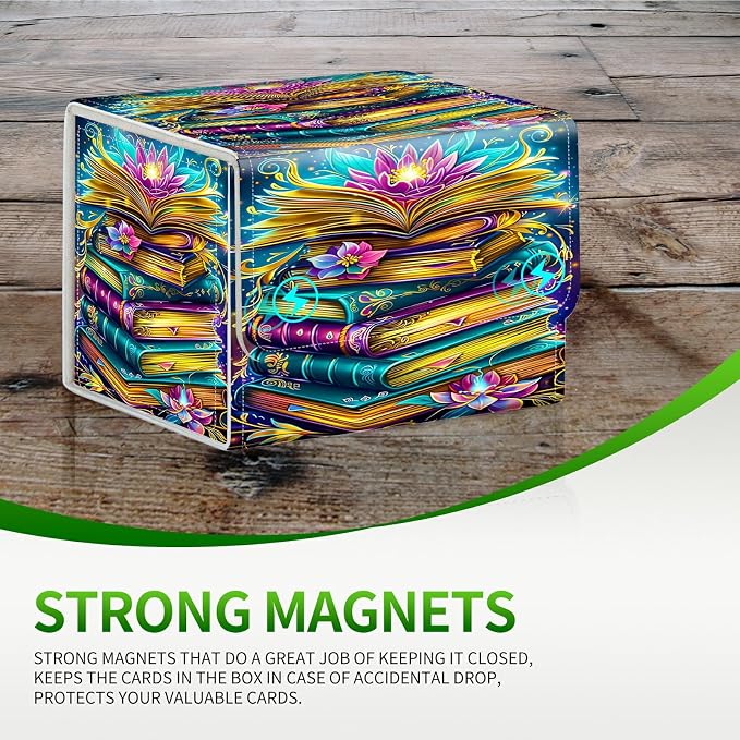 Card Deck Box for MTG, Cards Storage Box Fits 120+ Sleeved, Leather Small Size Strong Magnetic Closing Card Case for Board Games Magic TCG CCG Baseball Collection, Book Lotus Flower