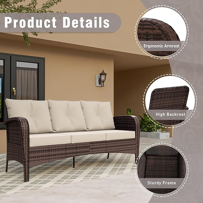 Patio 3-Seater Sofa, PE Wicker Outdoor Lounge with Thick Removable Cushions, Rust-Proof Steel Frame, 900LBS Capacity, Beige