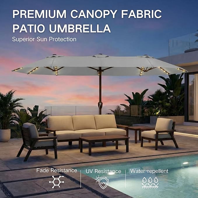 Kingdura 15ft Large Patio Umbrella with Solar Lights, Double-Sided Rectangle Lighted Outdoor Table Umbrella with Base Included, 12 Reinforced Ribs, 48 Led Lights, Crank Lift for Market Pool Deck Backyard, Light grey