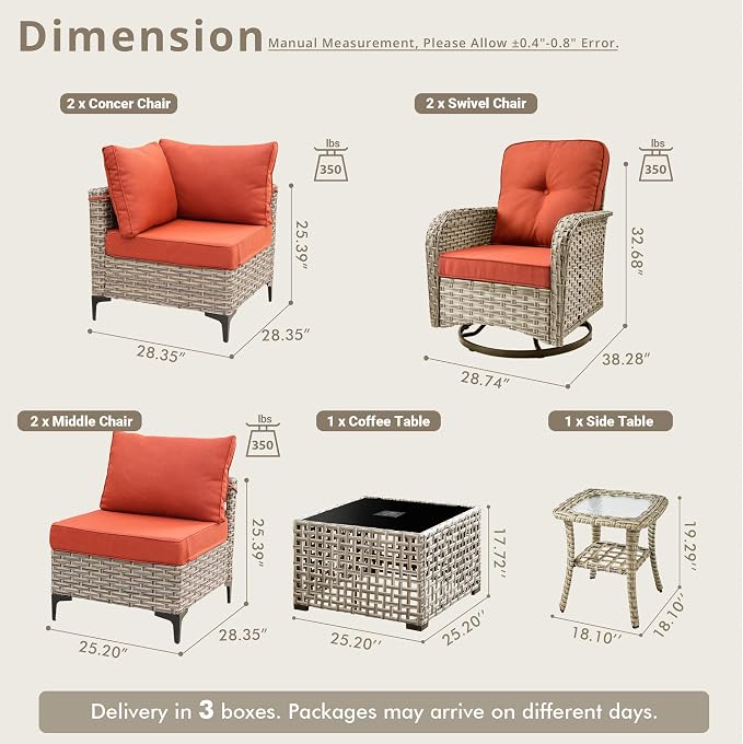 8 Pieces Patio Sectional Furniture Set, Outdoor Wicker Sectional Couch with High Back Swivel Rocker Chairs Solar Lights Table, Modern Conversation Set for Porch Balcony Backyard, Red