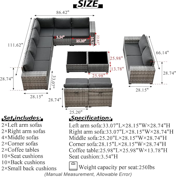HOOOWOOO Outdoor Patio Sectional Furniture Sofa Set with Widened Armrest,12 Piece Large Modern Wicker Couch,Modular L Shaped Conversation Seating Set with Table for Out Door Garden Corner(Black)