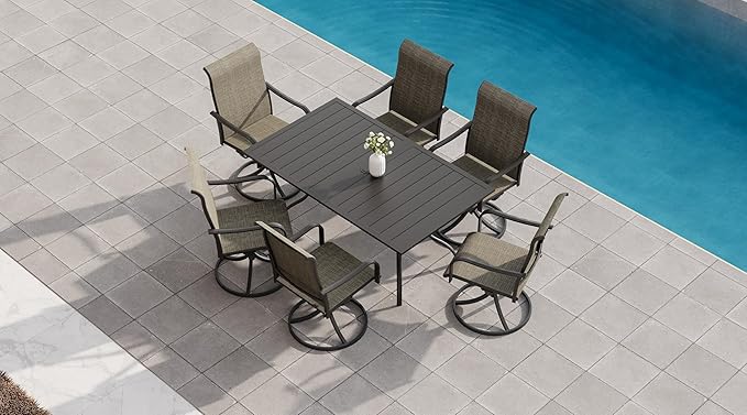 Anmutig 7-Piece Outdoor Dining Set, 6 Swivel Chairs & 63'' Rectangular Dining Table with All Weather Frame Furniture Set - Tan Grey Style2