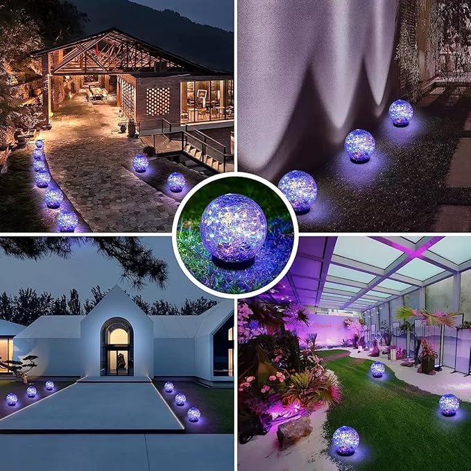2pack Solar Powered Multi-Color Crackle Glass Globe Lights Outdoor Decorative LED Garden Balls with Colorful Lights for Patio, Lawn, Yard, Pathway.