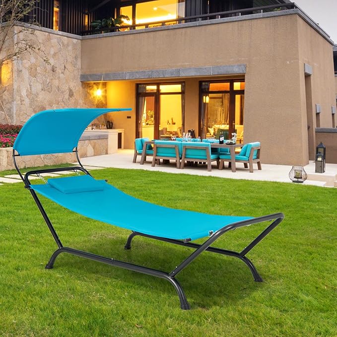 Tangkula Hammock with Stand Included, Heavy Duty Outdoor Hammock with Adjustable Canopy, Rustproof Metal Stand, Pillow, Storage Pocket, Hammock Bed with Stand for Backyard Lawn Poolside (Blue)