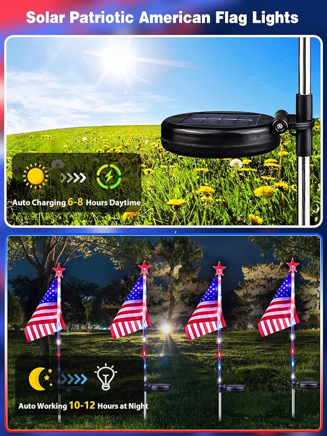 12 Pack Solar American Flag Lights Outdoor, 4th of July Decorations Outdoor, Waterproof Solar Flag Patriotic Lights for Yard, Garden, Pathway, Independence Day, 250th Anniversary (Red White and Blue)