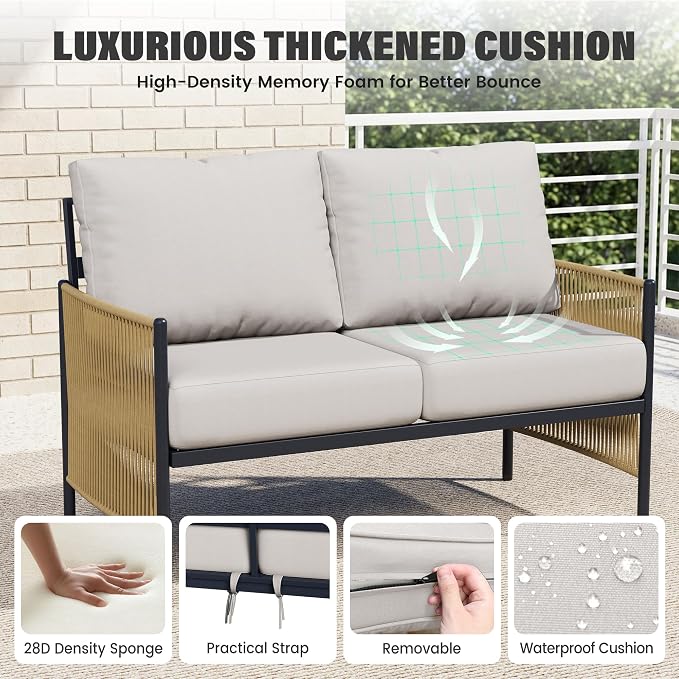 Aluminum Outdoor Patio Furniture Set, 4 Seats Outdoor Sectional with Coffee Table, Patio Conversation Sets with Washable Thick Cushions and Waterproof Cover for Backyard/Garden /Poolside, Silver Gray