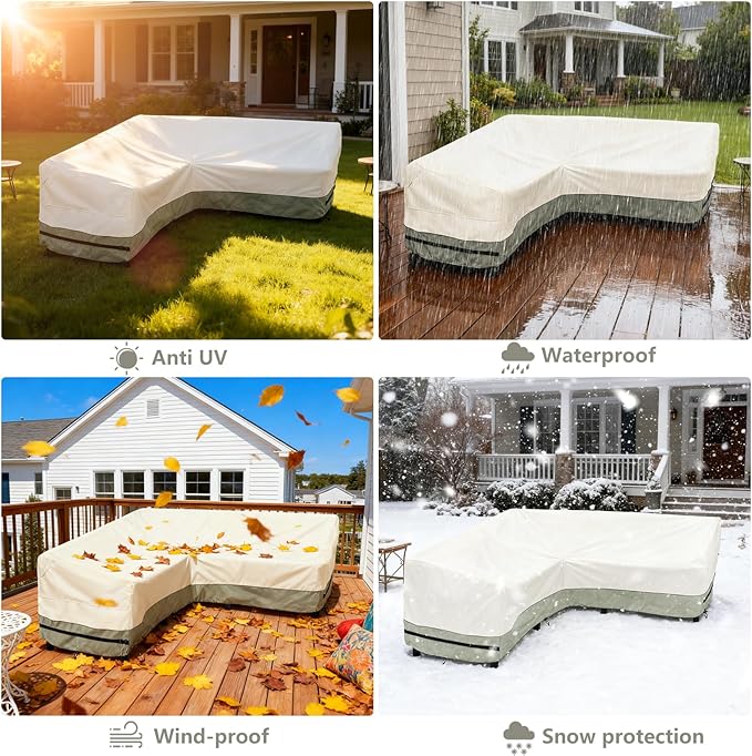okcool Outdoor Sectional Sofa Cover Waterproof V Shaped Patio Furniture Covers for 5-Seater Outdoor Sectional Furniture Couch 85"(85''L) x 33.5''D x 31''H,White&Grayish Green